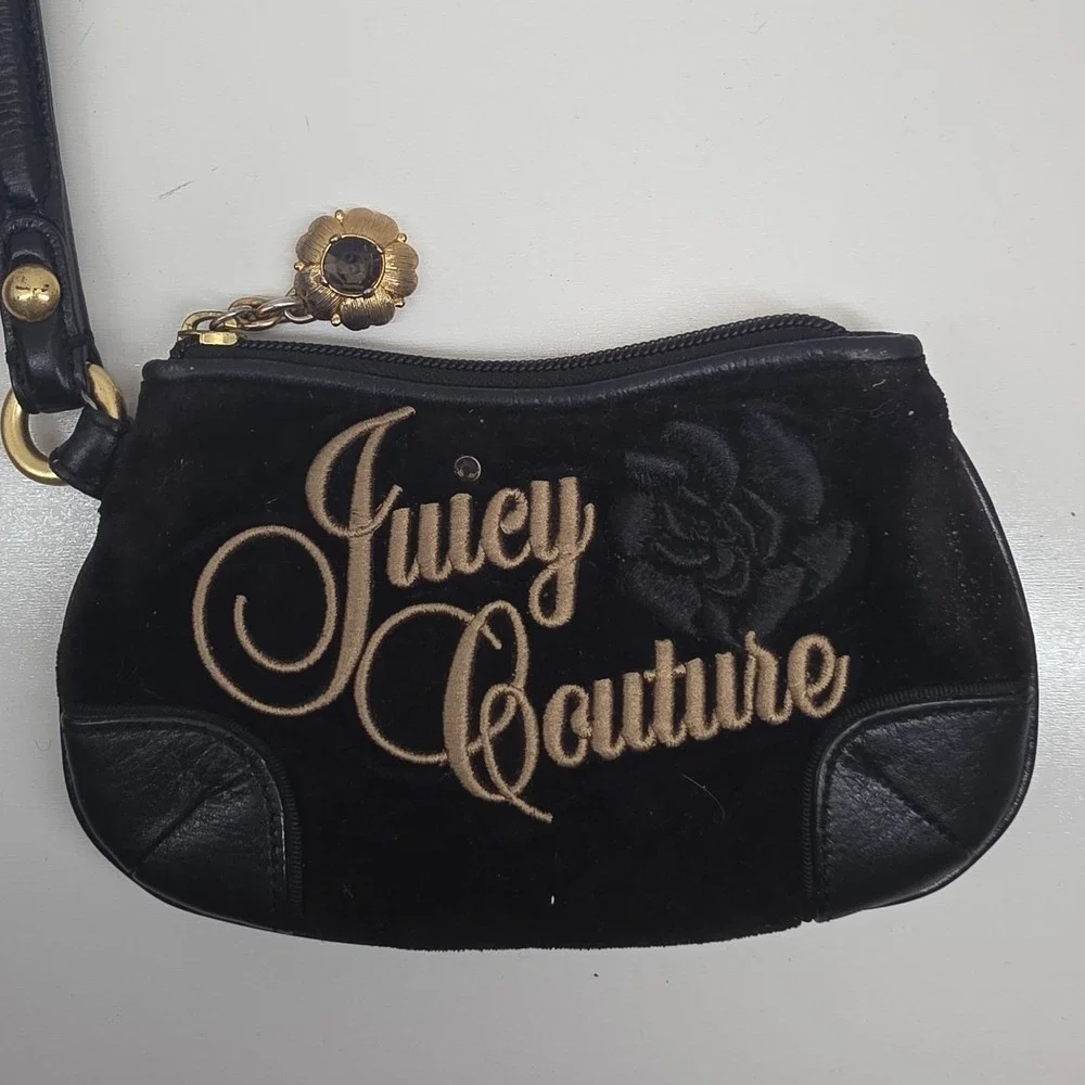 Juicy Couture Black Velour Wristlet Pouch Leather Trim Gold Logo Y2K Bag